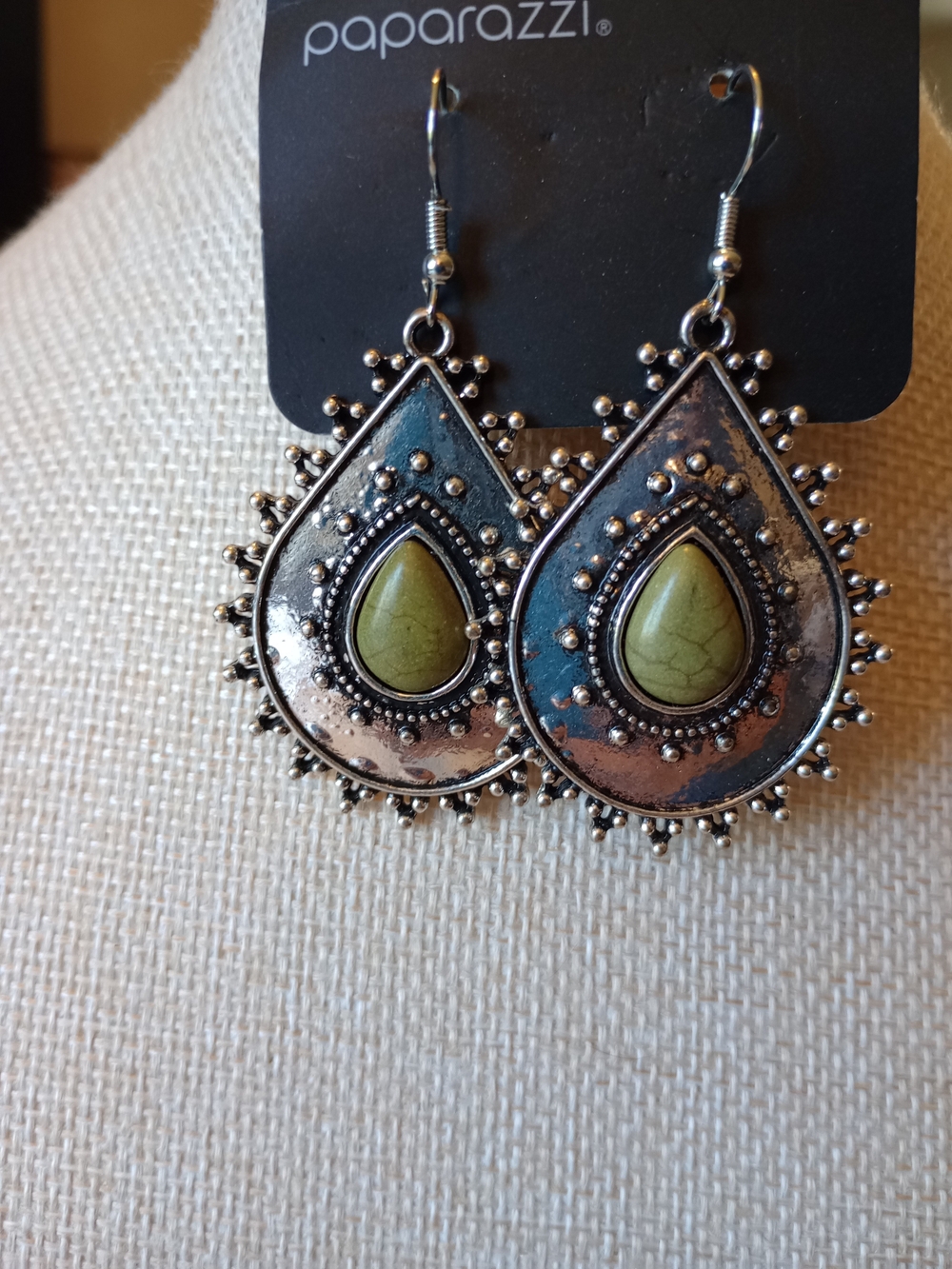 paparazzi Antique Silver Teardrop Earrings with Olive Center